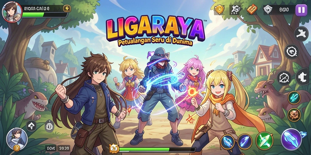 Tampilan gameplay LIGARAYA yang penuh aksi dan karakter anime menarik.