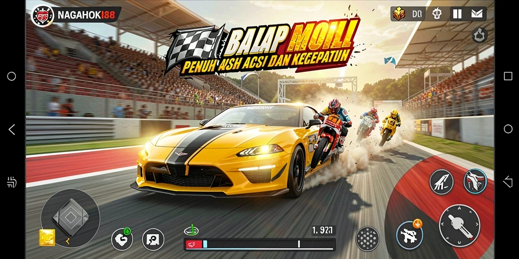 Screenshot gameplay NAGAHOKI88 menampilkan balapan penuh aksi di trek yang menantang.