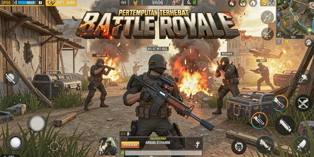 Tampilan aksi gameplay yang mendebarkan dalam Battle Royale SR996.