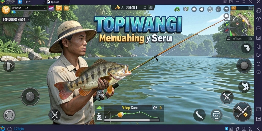 Tampilan gameplay TOPIWANGI dengan aksi memancing yang seru.